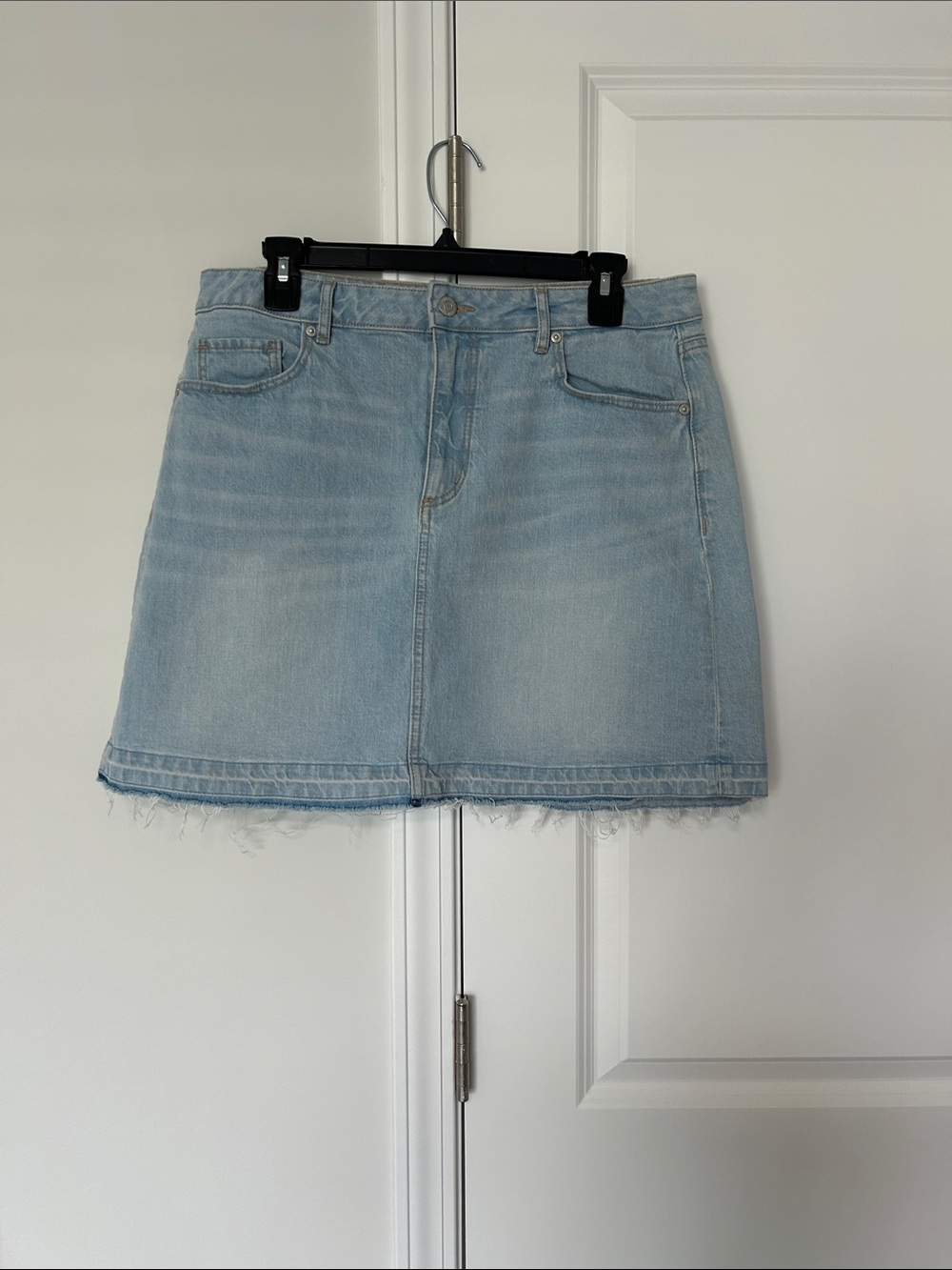 LOFT Light Wash Denim Mini Skirt with Frayed Hem